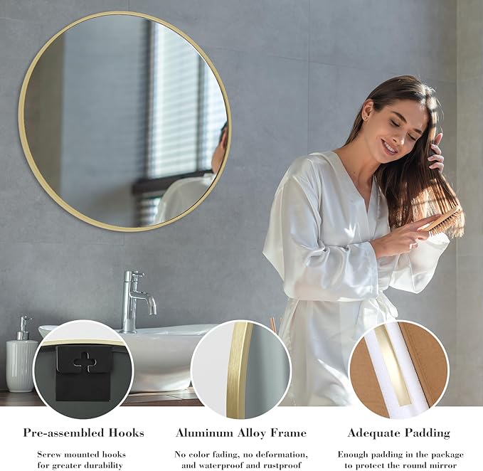 Sweetcrispy 30-inch Gold Round Wall Mirror, Circle Bathroom Mirrors with Metal Frame, Wall-Mounted Mirrors for Living Room, Bathroom, Entryway