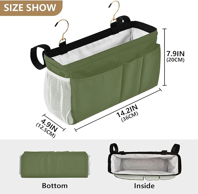 DOMIKING Dark Green Bedside Caddy for Dorm Bed Recliner Armrest Organizer with Hooks Haning Storage Bags for Couch Recliner Remote Control