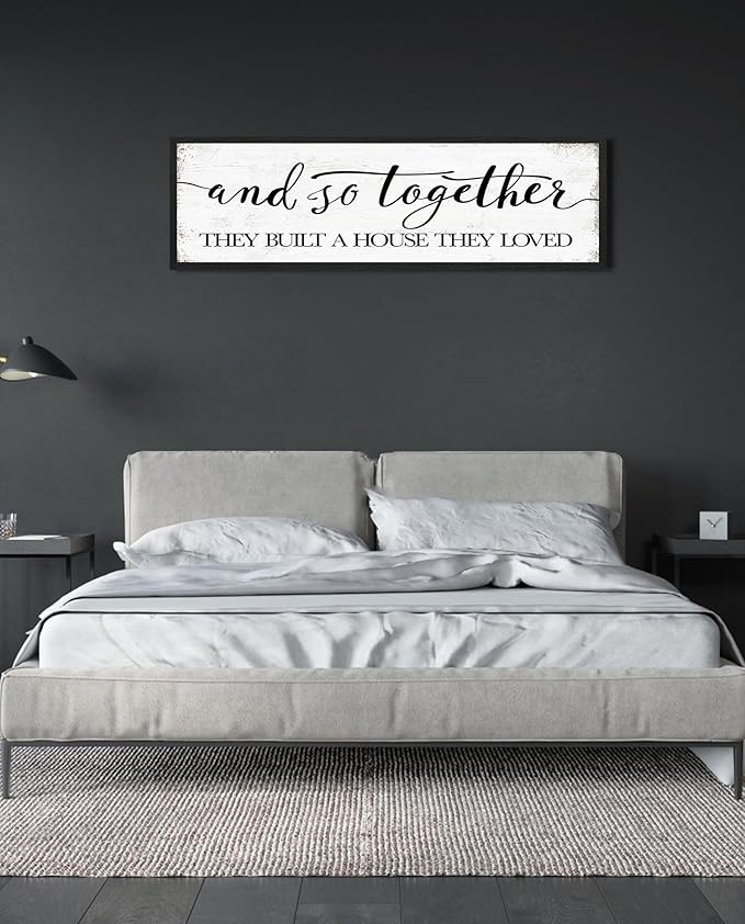 Farmhouse Wall Decor For Living Room: And So Together They Built A House They Loved Sign, House Warming Gifts New Home, Master Guest Bedroom Decor for Couples, Decorative Wall Art Plaques 40x12