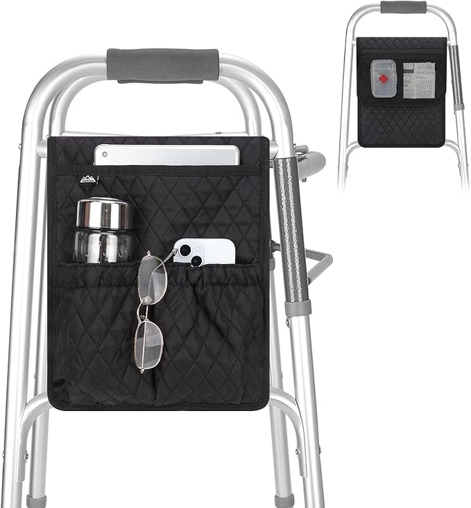 supregear Walker Bag, Universal Seniors Caddy Organizer with Multiple Pockets, Lightweight Accessories for Elderly, Rollators, Wheelchairs and Bedside Rails, Easy to Use Storage Pouch, Black