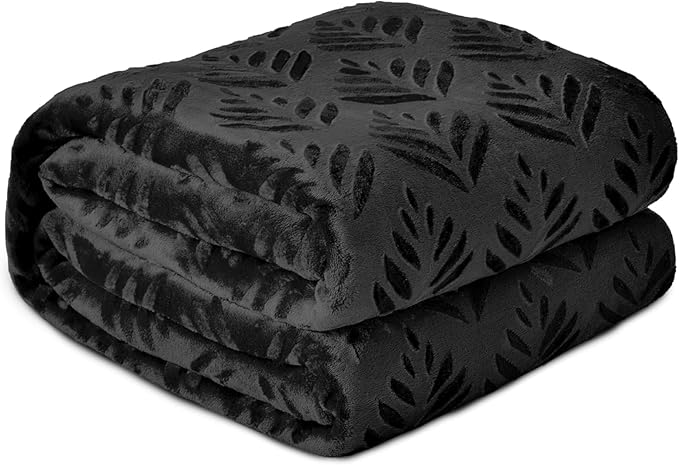 Exclusivo Mezcla King Size Fleece Blanket for Bed, Super Soft and Cozy Blankets All Season Use, Leaves Pattern, Plush Fuzzy Lightweight, Black, 90x104 Inch