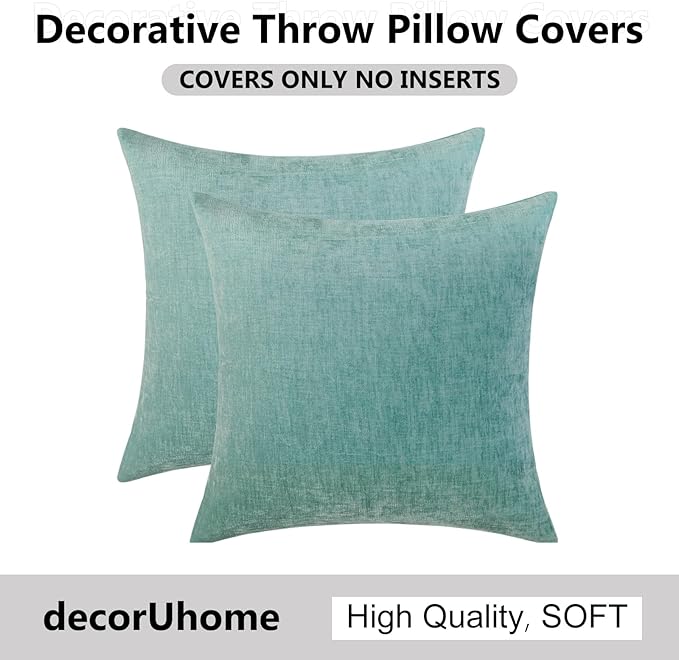 decorUhome Chenille Aqua Haze Throw Pillow Covers 26x26 Inch Set of 2, Decorative Soft Couch Pillow Covers Solid Dyed Accent Farmhouse Neutral Square Pillow Cases for Sofa