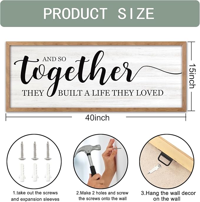 And So Together They Built A Life They Loved Decorative Rustic Sign & Plaque Framed Wall Art for Couples, 40''×15'' Vintage Wooden Horizontal Wall Decor Above Bed, Farmhouse Wedding Gift