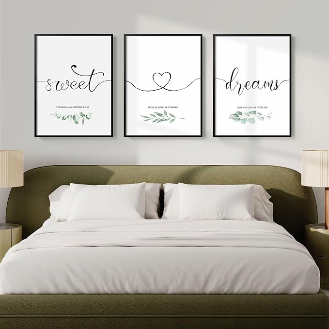 Framed 3 Piece Wall Art Bedroom, Sweet Dreams Signs Pictures Wall Decor Above Bed, Modern Minimalist Master Guest Room Wall Decor, Painting Print Script White Canvas Artwork for Walls, 12x16 Inch