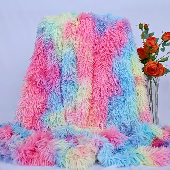 Plush Super Soft Blanket Bedding Sofa Cover Furry Fuzzy Fur Warm Throw Qulit Cozy Couch Blanket for Winter (63"x79",Dark Rainbow)