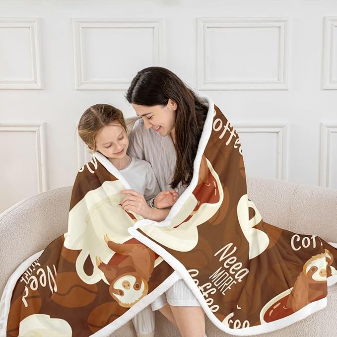 Erosebridal Sloth Coffee Fleece Blanket Need More Coffee Sherpa Blanket for Boys Girls Adults Coffee Cup Beans Print Blanket Throw Coffee Theme Fuzzy Blanket Queen 90"x90" Brown White