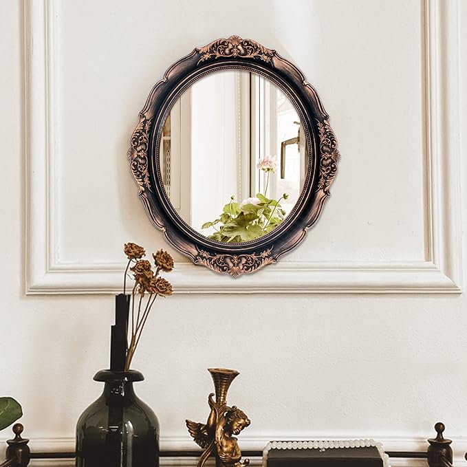 Eaoundm 13.1 x 14.8 inchs Decorative Wall Mirror,Vintage Hanging Mirrors for Bedroom Living-Room Dresser Decor Oval (Vintage Gold 2 Pcs) Plastic Frame