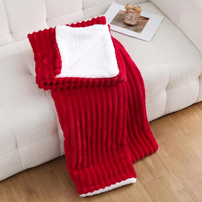 Red Sherpa Fleece Throw Blanket 90”×90” for Couch Sofa Bed,Super Soft Cozy Plush Double Side Thick Flannel Blanket with Striped Design Lightweight for Adults,Woman,Girls