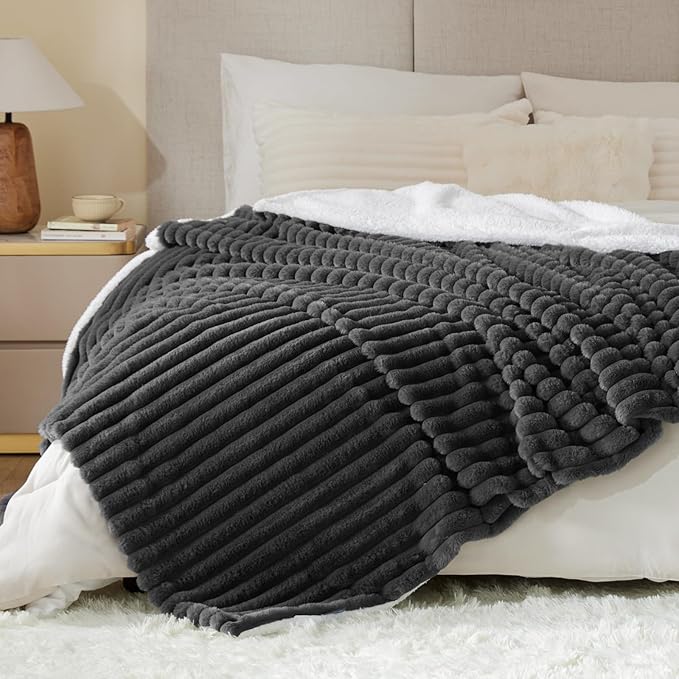 INFIIXSO Sherpa Throw Blanket for Couch - Super Soft & Warm Striped Fleece Blanket, Cozy Plush Fluffy Blanket All Season Use (Grey, 60x80 Inches)