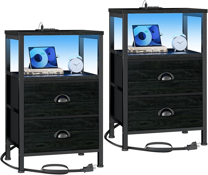 Furologee Nightstands Set of 2, End Tables with Charging Station and LED Lights, Black Night Stands with 2 Fabric Drawers, Bedside Tables Set of 2 for Living Room/Bedroom,Black Oak