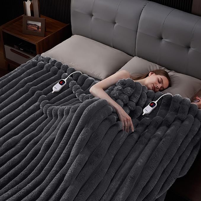Heated Blanket Queen Size, Faux Fur Cozy Heating Blanket with Overheat Protection, 1/2/4/6/8 Hours Auto-Off 10 Heat Level, Machine Washable (84x90 Inches, Darkgrey)