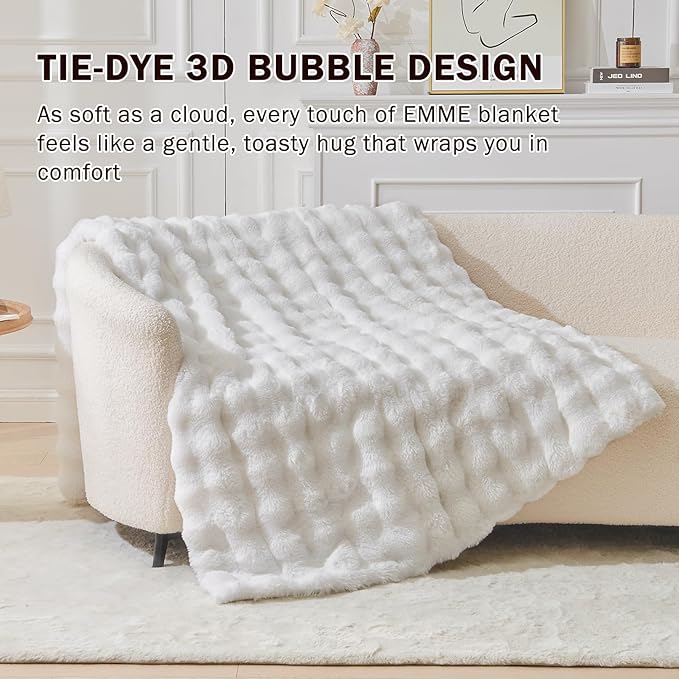 EMME Faux Fur Throw Blanket White - Big Bubble Rabbit Cozy Blanket for Couch, Small Fluffy Fuzzy Cozy Blanket, Thick Furry Plush Shaggy Blankets, 650GSM, 50x60 Inches