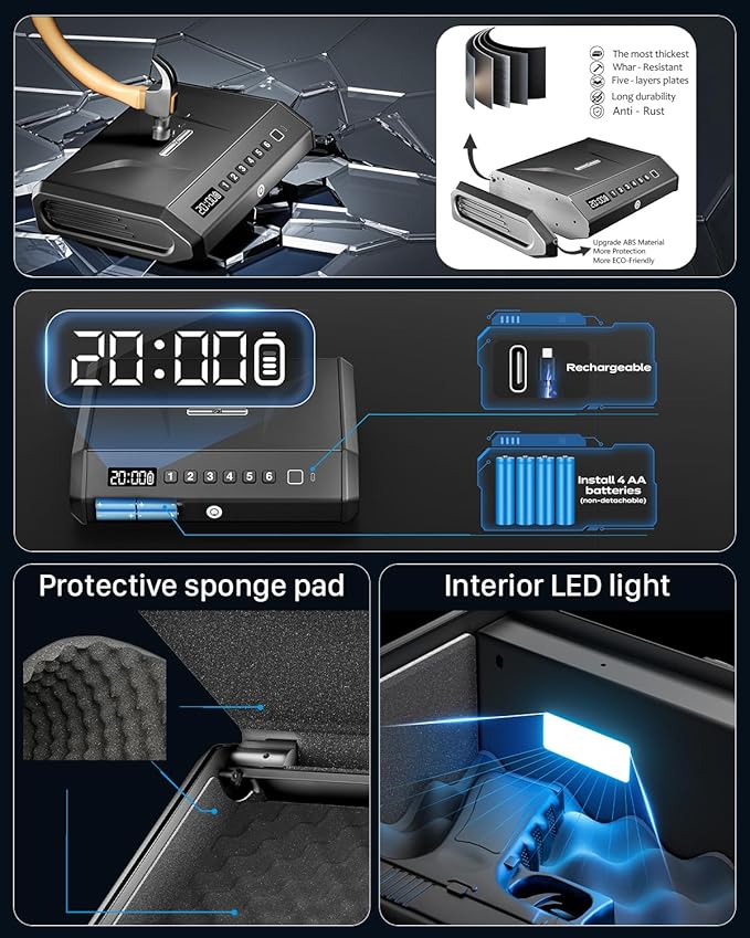 Large Biometric Gun Safe fits 4 pistols, 100 Sets of Fingerprint Handgun Safe with Internal Light & Silent Mode, Gun Lock Box for Home Bedroom Bedside Nightstand and Car, Rechargeable, TOPMEDA