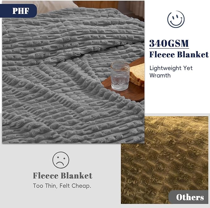 PHF Ultra Soft Flannel Fleece Blanket Twin Size, Lightweight 3D Jacquard Fleece Blanket, No Shedding, No Pilling, Luxury 340GSM Aesthetic Fluffy Cozy Bedding for Bed Room Decor, 66"x90", Frost Gray