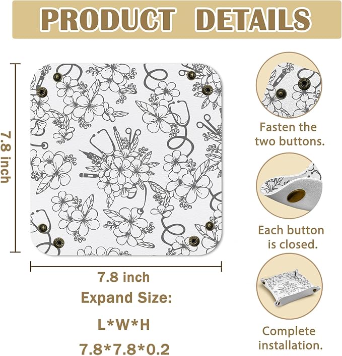 Nurse Appreciation Gift for Women, Nursing Student or Practitioner, for Nurse Week or Day,PU Leather Catchall Tray Jewelry, Keys, Watch, and Accessories Organizer 7.87x7.87in