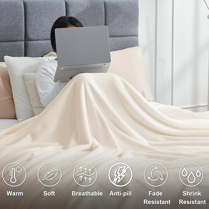 Hansleep Fleece Beige Full Blanket, Super Soft Flannel Fuzzy Plush Cozy Blanket for All Seasons, Beige, Full 84x90 Inches