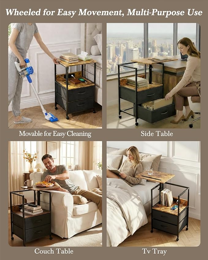 360° Swivel Nightstand with Height Adjustable, Lift Top Bedside Table with Charging Station, Rolling Night Stand with 2 Fabric Drawers, End Table with Wheels, for Bedroom, Living Room, Brown Black