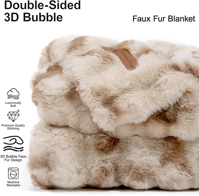 Luxury Double-Sided Faux Fur Twin Blanket for Couch, Camel Cozy Fluffy Bubble Blanket for Airplane RV Car Road Trip Spring Camping Travel Office Nap Home Bed, Ultra Soft Plush, 60" x 80"
