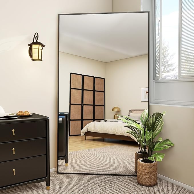 VooBang Large Full Length Mirror 78" x 35" - Shatterproof Floor Full Body Mirror with Aluminum Alloy Frame, Freestanding, Hanging, or Wall-Leaning, for Bedroom, Living Room, Dressing Room, Black