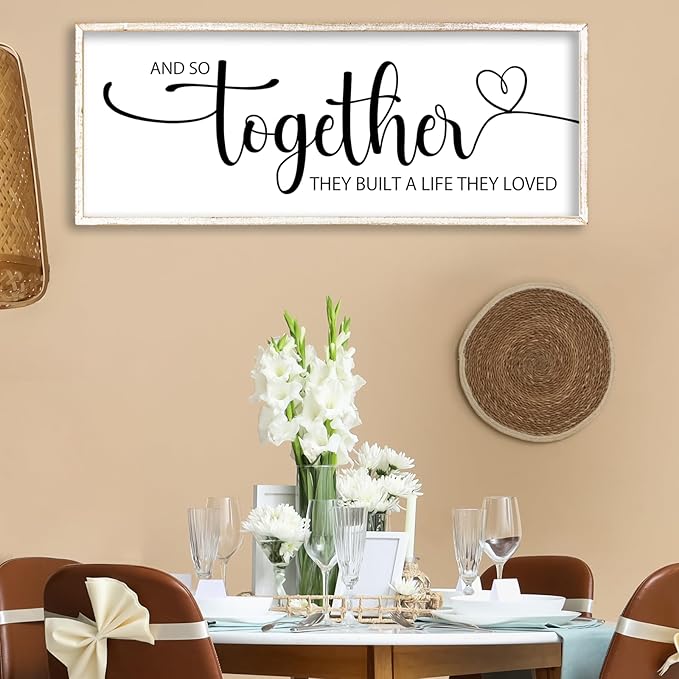 And So Together They Built A Life They Loved Sign Wall Decor 40"x15" Above Over Bed Master Bedroom Large Wood Framed Wall Hanging Art (White)