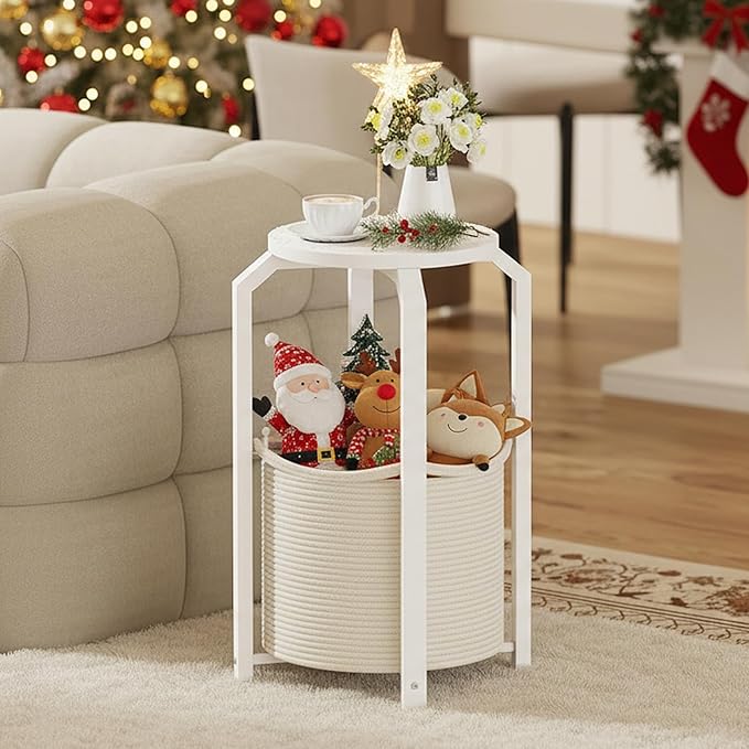 TUTOTAK Small Side Table, Round End Table, Night Stand, Bedside Table, Set of 2, Sofa Table with Storage Basket, Living Room, Bed Room, White TB01BW0922