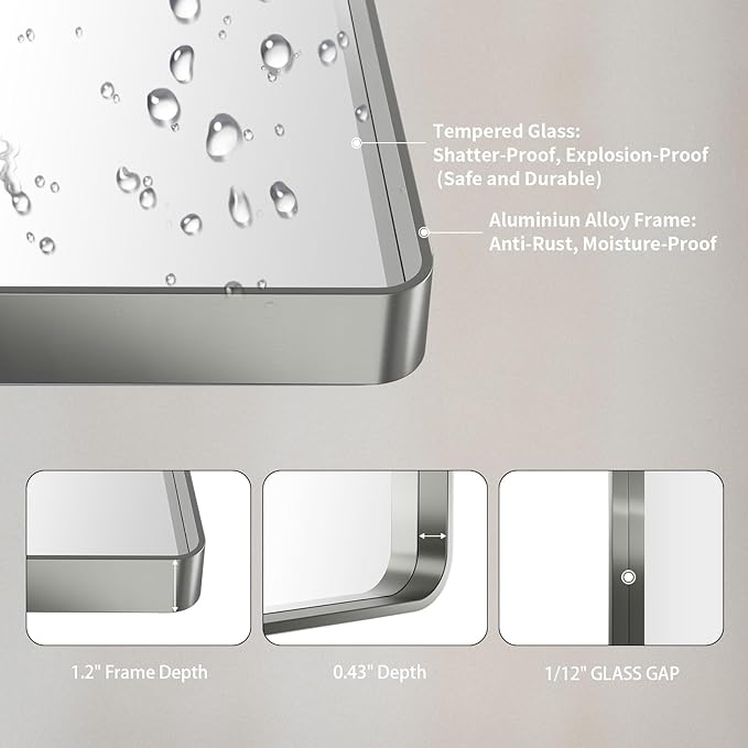 LOAAO 24X30 Inch Brushed Nickel Bathroom Mirror, Rounded Rectangle Silver Metal Frame Mirror, Brushed Nickel, Anti-Rust, Shatter Proof, Hangs Horizontally or Vertically