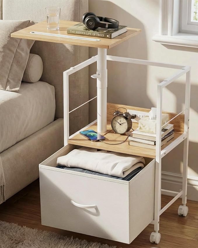 360° Swivel Nightstand with Height Adjustable, Lift Top Bedside Table with Charging Station, Rolling Night Stand with Fabric Drawer, End Table with Wheels, for Bedroom, Living Room, Natural White