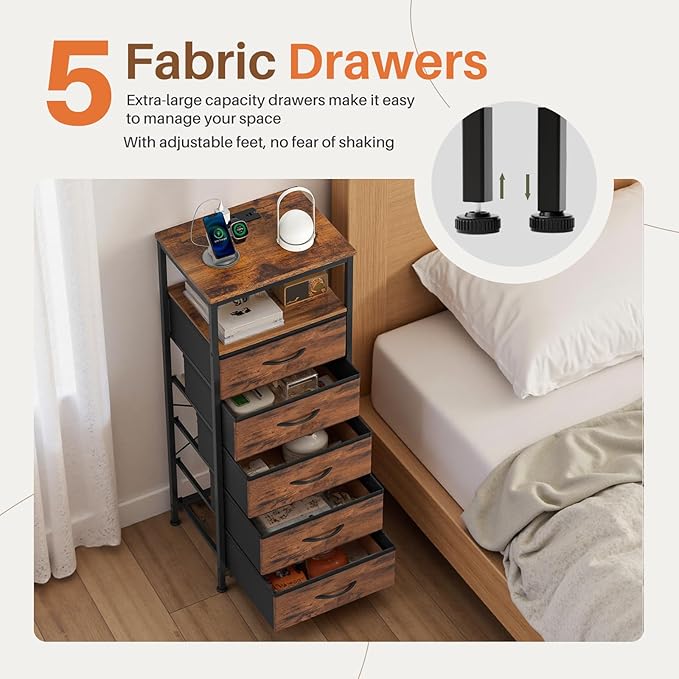 Sweetcrispy Nightstand with Charging Station, Bedside End Table with 5 Fabric Drawers & USB/Type-C Ports and Outlets, Night Stand for Bedroom Furniture, Adjustable Feet and Variable Light Strip, Rust