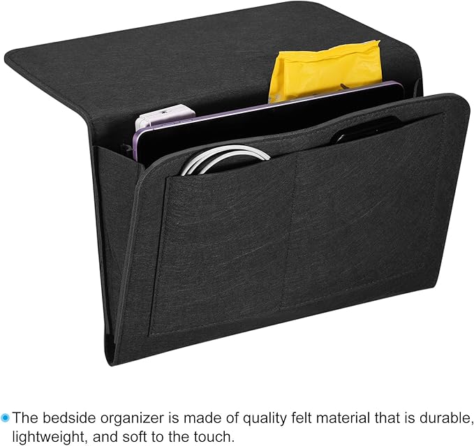 PATIKIL 13in Bedside Caddy, Bed Caddy Bedside Organizer Hanging Soft Felt 5 Pockets Bed Pockets Bedside Storage Organizer Remote Control Holder for Bedroom Phones Glasses, Black