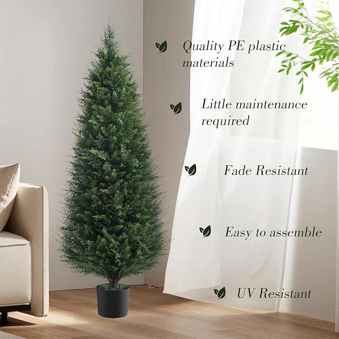 Two 5ft Artificial Plants Topairy Faux Cedar Trees for Outdoor Planters, 60IN Tall Fake Pine Bushes UV Resistant Large Potted Shrubs for Front Porch Décor