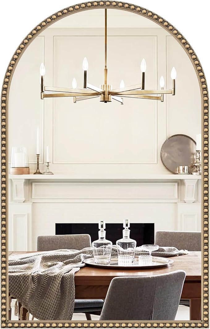 Arched Beaded Mirror for Bathroom, 24"x38" Antique Gold Arch Vanity Wall Mirror, Retro Brass Metal Frame Champagne Bronze Mirrors for Bedroom Dressing Room Entryway Fireplace