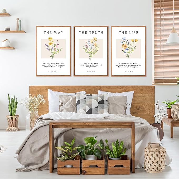 CHDITB Floral Christian Framed Canvas Wall Art Set, Bible Verse Wall Decor, The Way The Truth The Life Wall Painting,Botanical flowers Scripture Art Prints for Living Room Prayer Decor(12X16 Inch)
