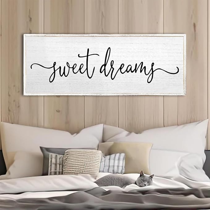 Sweet Dreams Wall Decor Above Bed Sign 40''×15'' Large Wood Framed Master Bedroom Guest Room Sweet Dreams Signs Farmhouse Rustic Wall Art Decoration (White)