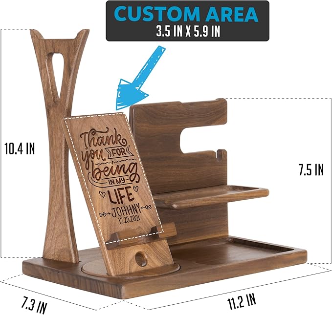 Personalized Desk Organizer for Husband Boyfriend - Handmade Accessories Organizer with Rotating Phone Stand, Headphone Stand, Watch Holder - Unique Gift Ideas for Him Her on Birthday Anniversary