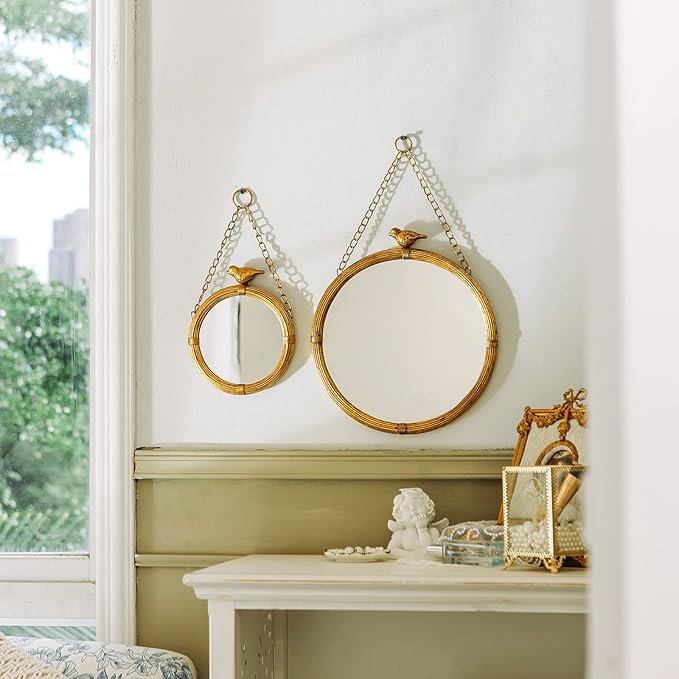 NIKKY HOME 11 Inch Decorative Small Hanging Mirrors Vintage Round Metal Framed Wall Mounted Mirror Decor with Bird for Bathroom Living Room Office, Rustic Gold