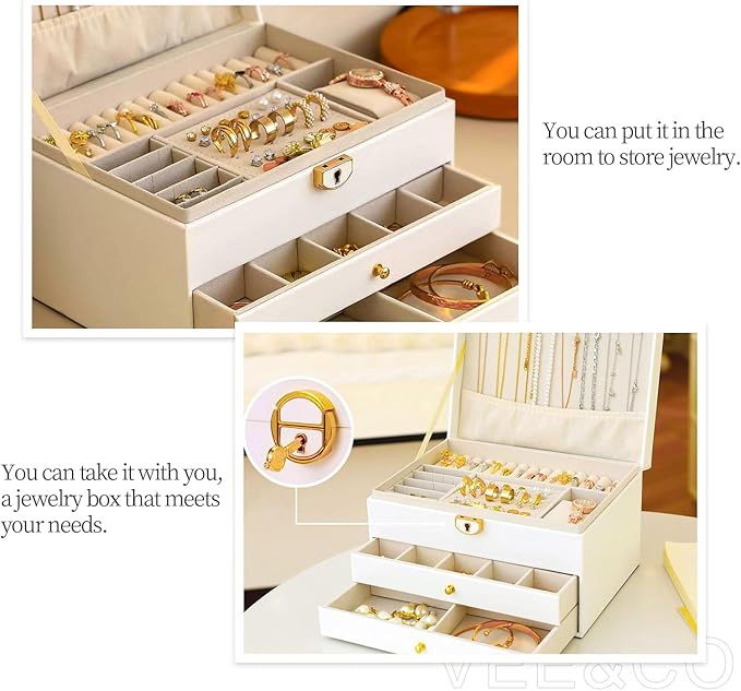 3 Layer Jewelry Box Organizer with Drawers, Lockable PU Leather Jewelry Storage Case for valentine gifts Necklace Earring Ring Bracelet Watch, White