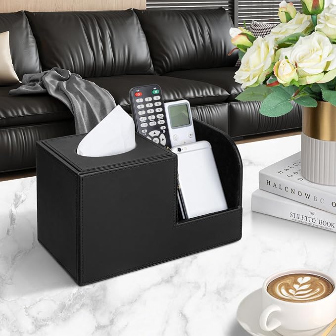 PU Leather Tissue Box Cover with Remote Control Holder, Square Tissue Box Holder for Living Room Bathroom Office (Black)