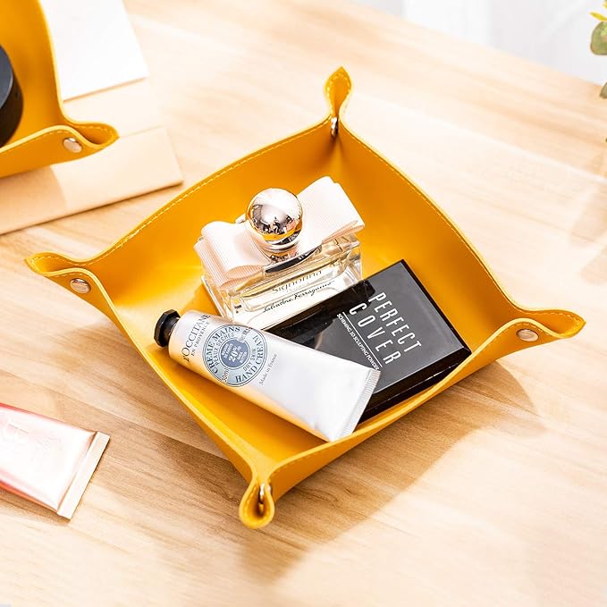 SANQIANWAN Leather Jewelry Valet Tray for Women and Man, Portable Entryway Table Tray Bedside Nightstand Desk Tray Small Catchall Travel Dish Plate for Key,Wallet,Watch,Coin (8x8, Yellow-B)