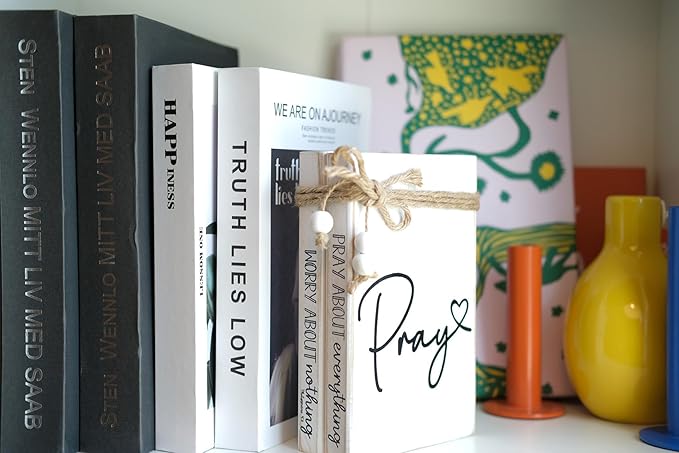 LIVDUCOT Faux Books for Christian Decoration, Decorative Wooden Book Stack for Bible Verse Home Decor - Pray About Everything Worry About Nothing Sign