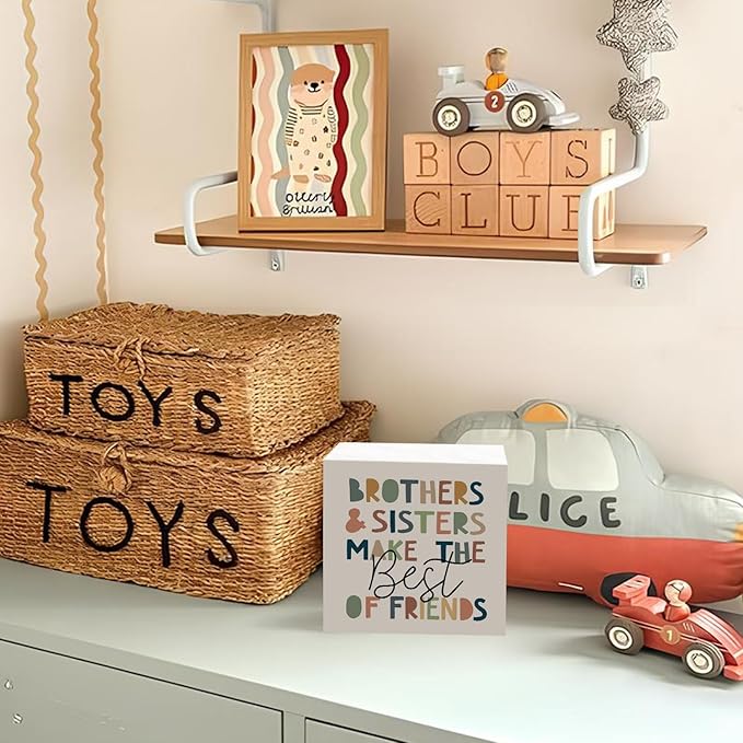 Lacama Kids Room Wooden Box Sign, Brothers and Sisters Make the Best of Friends Decorations Wood Block Signs, Boho Nursery Wood Sign for Kids Room Bedroom Playroom Desk Shelf Wall Decor 5x5 Inches