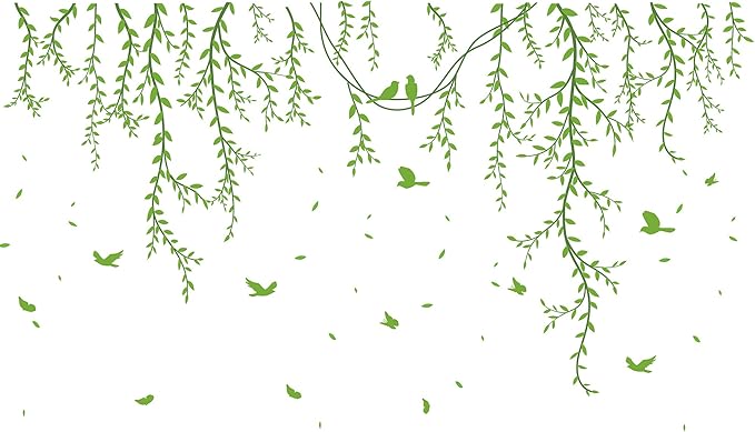 Hanging Willow Branch Wall Stickers DIY Green Vine Leaf Plant Wall Decals Peel and Stick Grass Birds Butterfly Art Mural Decortions for Kids Baby Girls Nursery Bedroom Living Room Offices Classroom (Green)