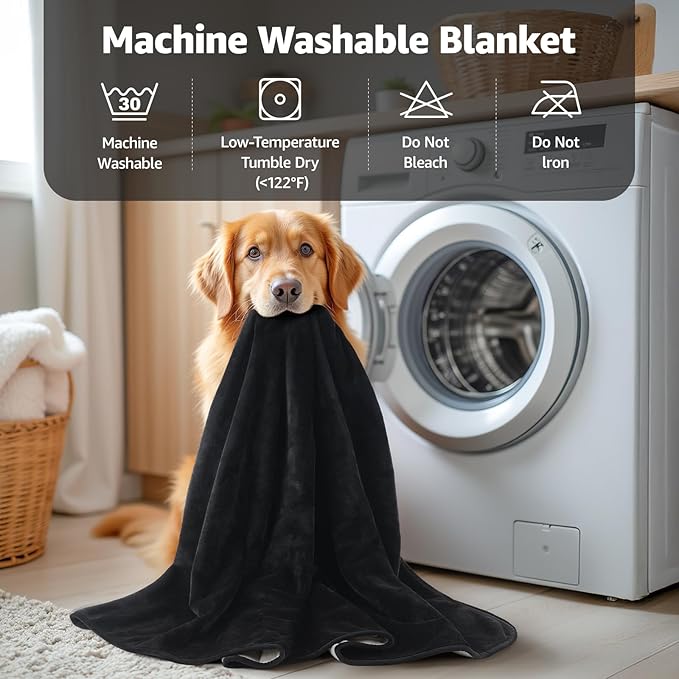 LOOBANI Waterproof Dog Blanket for Bed: Liquid Pee Proof Pet Blankets for Medium Large Dogs Washable, 80" x 90", Black & Beige
