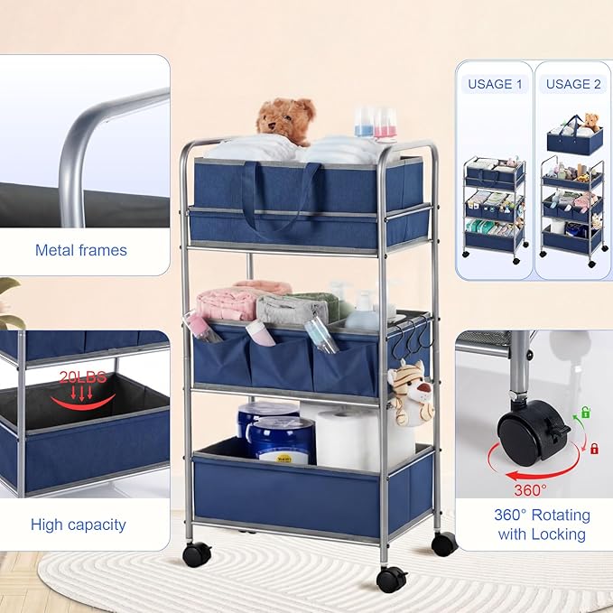 Honeydak 2in1 Baby Diaper Caddy Organizer Cart 3 Tier Large Capacity Metal Utility Bedside Rolling Cart with Divider Newborn Registry Nursery Essential Must Have Crib Bedroom Baby Shower(Gray, Blue)