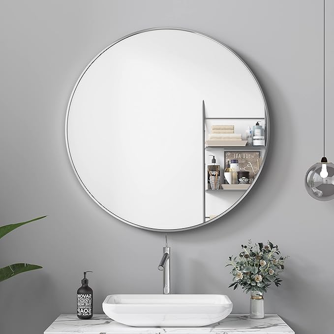 Itrue 30 Inch Round Wall Mirror, Brushed Silver Metal Framed Circle Bathroom Mirror, Silver-Backed HD Glass Vanity Mirror for Over Sink, Modern Decorative Mirror for Living Room, Entryway, Hallway