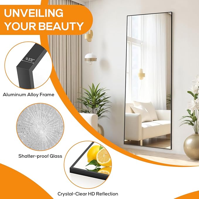 Mirror Full Length, Upgraded Body Wall Mirrors with Shatter-Proof Glass, Floor Standing, Hanging or Leaning, Tall Mirror with Stand Aluminum Alloy Frame for Bedroom Cloakroom