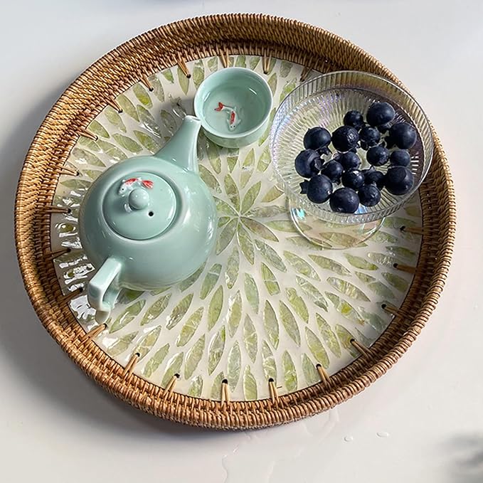 Round Rattan Tray with Mother of Pearl Inlay, Decorative Rattan Serving Tray for Home Boho Decor, Coffee Table, Bread, Food, Tea Ottoman Trays, Fruit Wicker Basket,100% Natural Materials Green- 12"