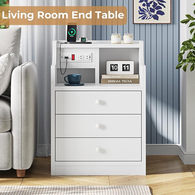 ADORNEVE Nightstand with Charging Station,White Night Stand with Hutch,Bedside Table with Drawers,Bed Side Table with Storage