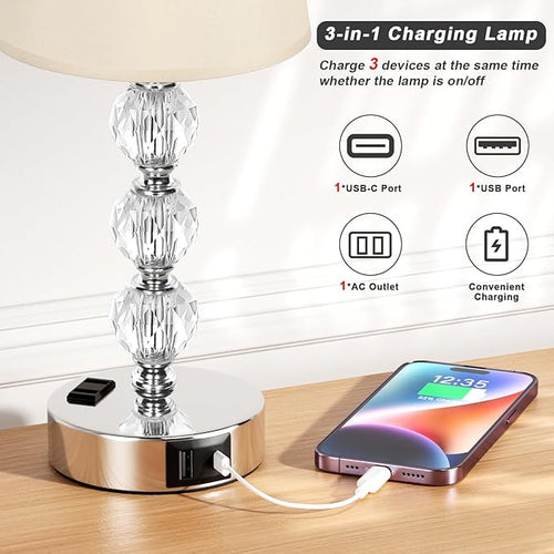 Acaxin Crystal Table Lamp Set of 2 for Bedroom/Living Room, 14.6in (Beige)