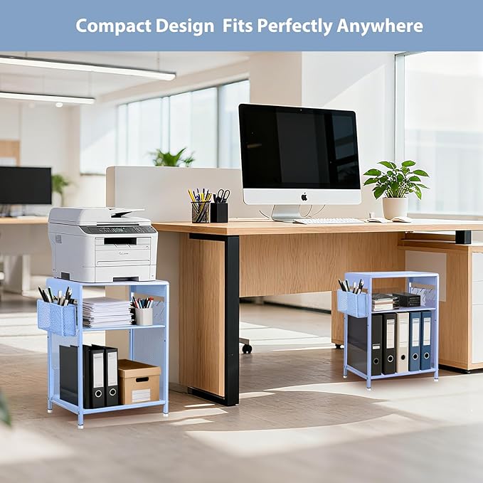 Kids Nightstand, 3-Tier Metal Side Table with Adjustable Storage Shelf, Basket & 3 S-Hooks, Small Bedside Table for Nursery, Toddler Bedroom and Small Spaces (Blue)