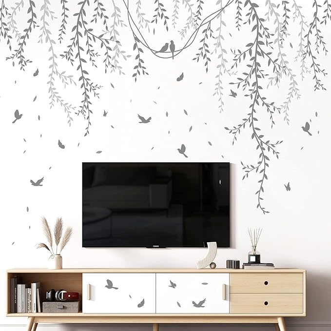 Hanging Willow Branch Wall Stickers DIY Grey Vine Leaf Plant Wall Decals Peel and Stick Grass Birds Butterfly Art Mural Decortions for Kids Baby Girls Nursery Bedroom Living Room Offices Classroom
